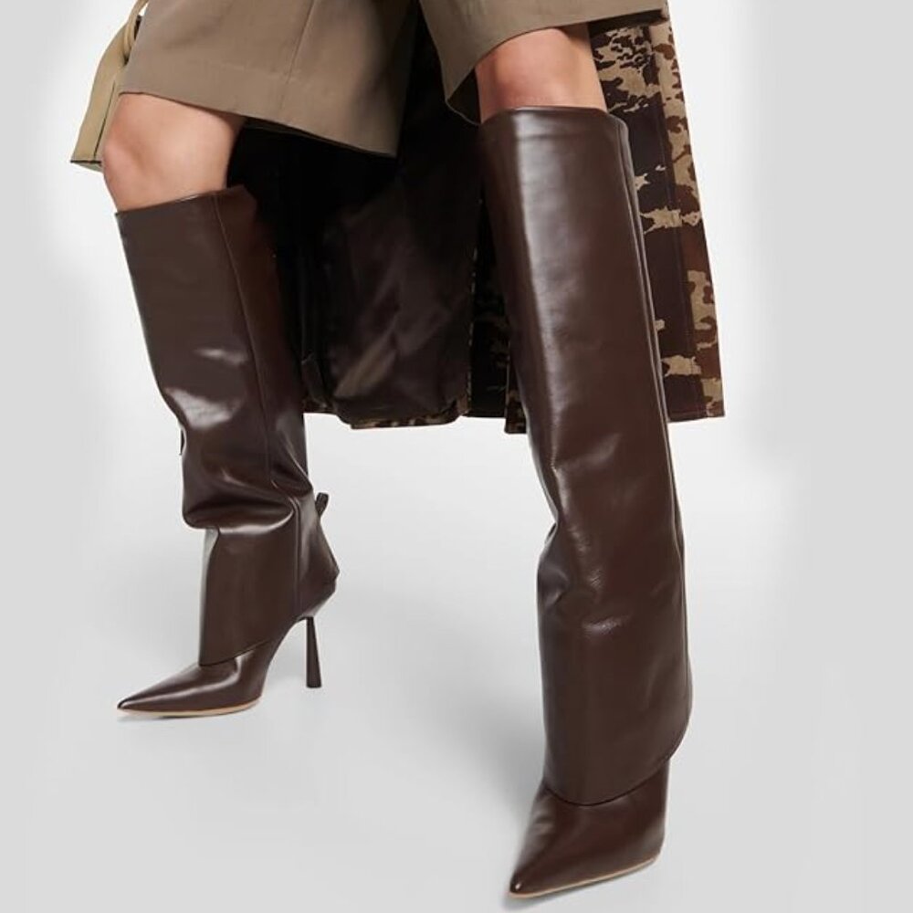 Women's Tall Pointed-Toe Brown Leather Boots